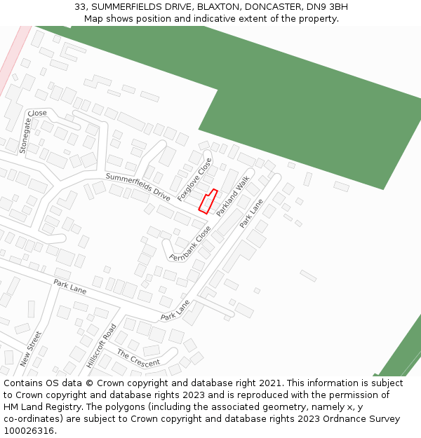 33, SUMMERFIELDS DRIVE, BLAXTON, DONCASTER, DN9 3BH: Location map and indicative extent of plot