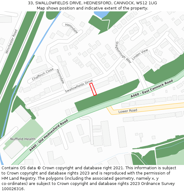 33, SWALLOWFIELDS DRIVE, HEDNESFORD, CANNOCK, WS12 1UG: Location map and indicative extent of plot