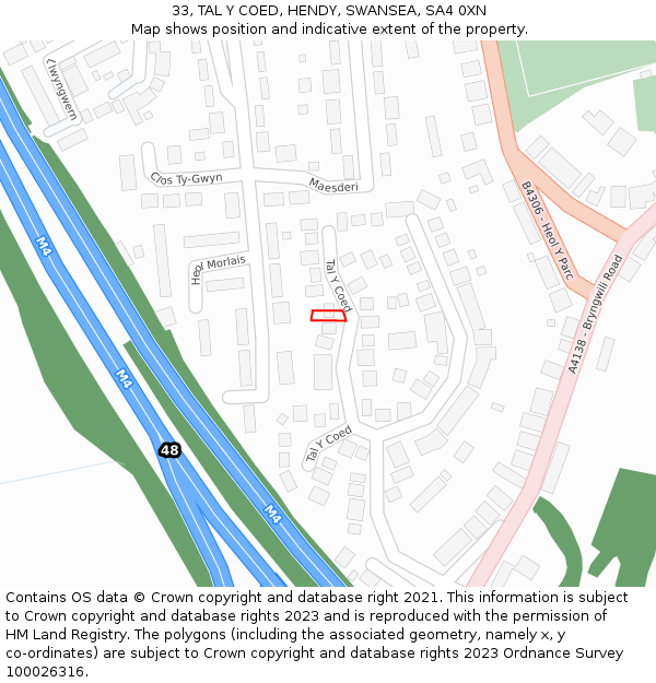 33, TAL Y COED, HENDY, SWANSEA, SA4 0XN: Location map and indicative extent of plot