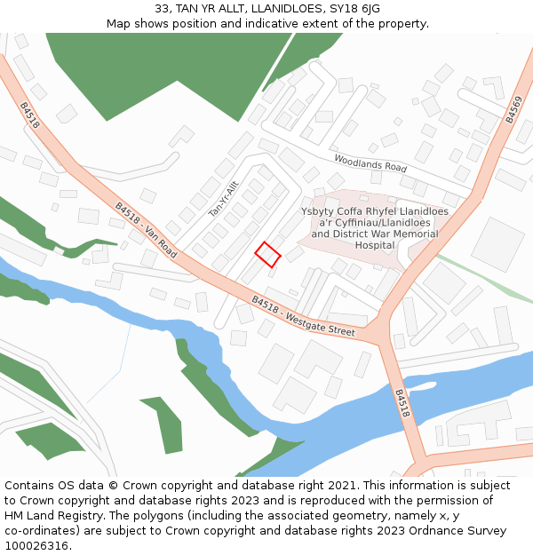 33, TAN YR ALLT, LLANIDLOES, SY18 6JG: Location map and indicative extent of plot