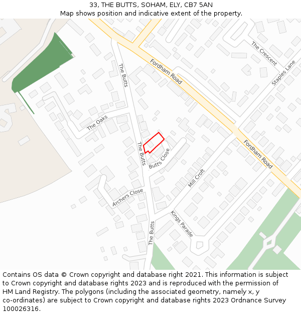 33, THE BUTTS, SOHAM, ELY, CB7 5AN: Location map and indicative extent of plot