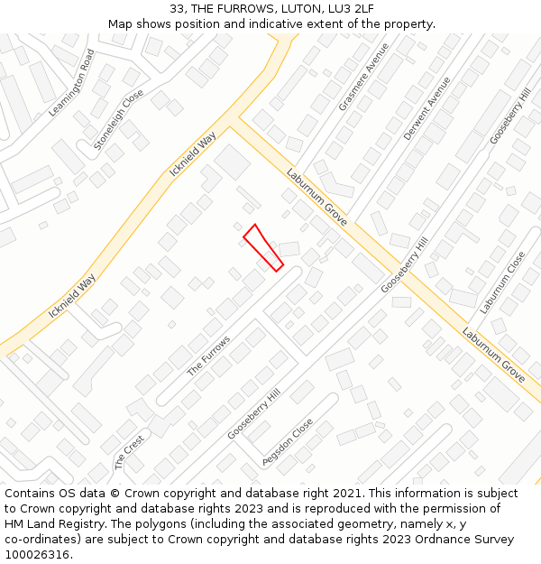 33, THE FURROWS, LUTON, LU3 2LF: Location map and indicative extent of plot