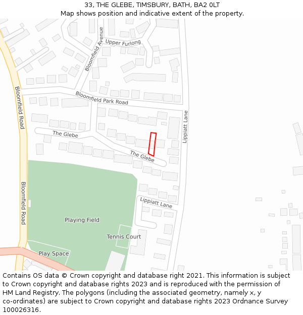 33, THE GLEBE, TIMSBURY, BATH, BA2 0LT: Location map and indicative extent of plot