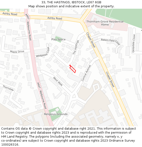 33, THE HASTINGS, IBSTOCK, LE67 6GB: Location map and indicative extent of plot