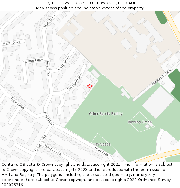 33, THE HAWTHORNS, LUTTERWORTH, LE17 4UL: Location map and indicative extent of plot