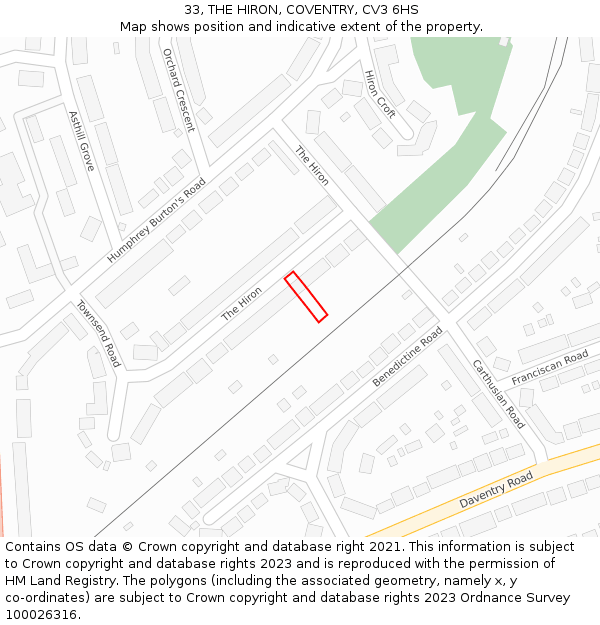 33, THE HIRON, COVENTRY, CV3 6HS: Location map and indicative extent of plot