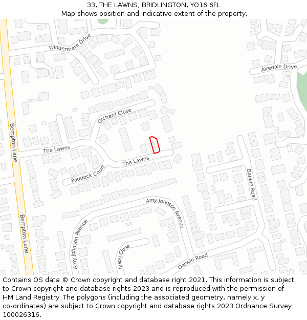 33, THE LAWNS, BRIDLINGTON, YO16 6FL: Location map and indicative extent of plot