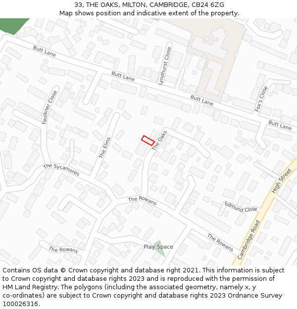 33, THE OAKS, MILTON, CAMBRIDGE, CB24 6ZG: Location map and indicative extent of plot