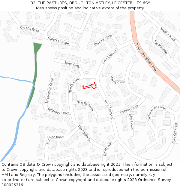 33, THE PASTURES, BROUGHTON ASTLEY, LEICESTER, LE9 6SY: Location map and indicative extent of plot