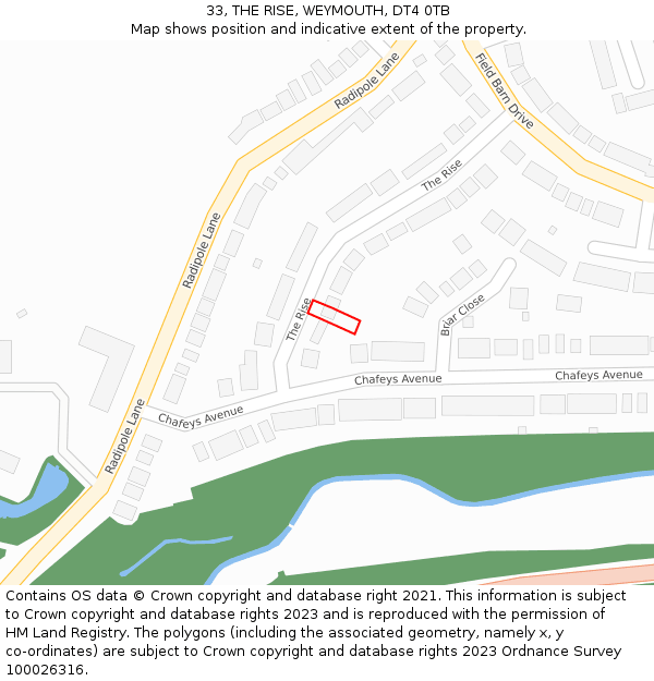 33, THE RISE, WEYMOUTH, DT4 0TB: Location map and indicative extent of plot