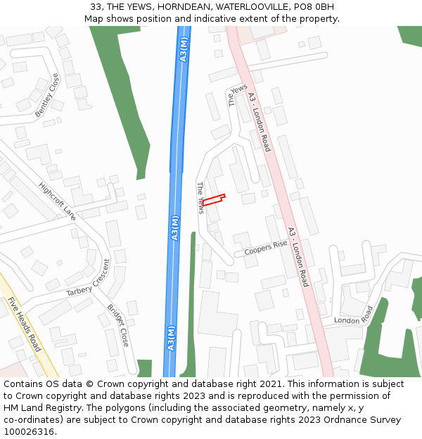 33, THE YEWS, HORNDEAN, WATERLOOVILLE, PO8 0BH: Location map and indicative extent of plot