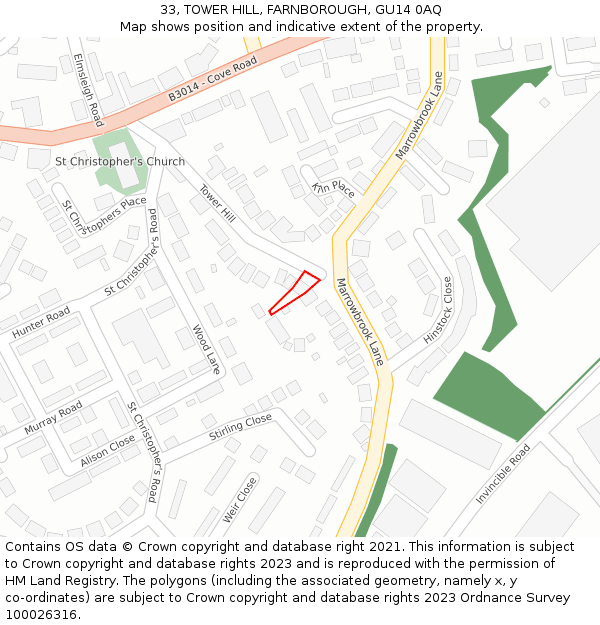 33, TOWER HILL, FARNBOROUGH, GU14 0AQ: Location map and indicative extent of plot