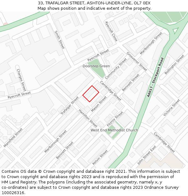 33, TRAFALGAR STREET, ASHTON-UNDER-LYNE, OL7 0EX: Location map and indicative extent of plot