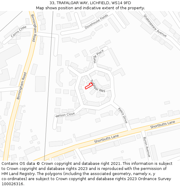 33, TRAFALGAR WAY, LICHFIELD, WS14 9FD: Location map and indicative extent of plot