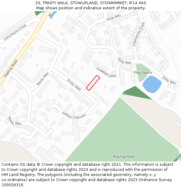 33, TRINITY WALK, STOWUPLAND, STOWMARKET, IP14 4AS: Location map and indicative extent of plot