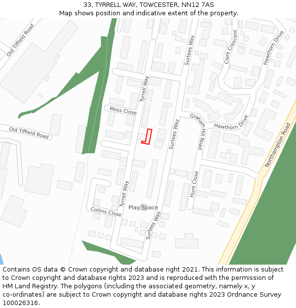 33, TYRRELL WAY, TOWCESTER, NN12 7AS: Location map and indicative extent of plot