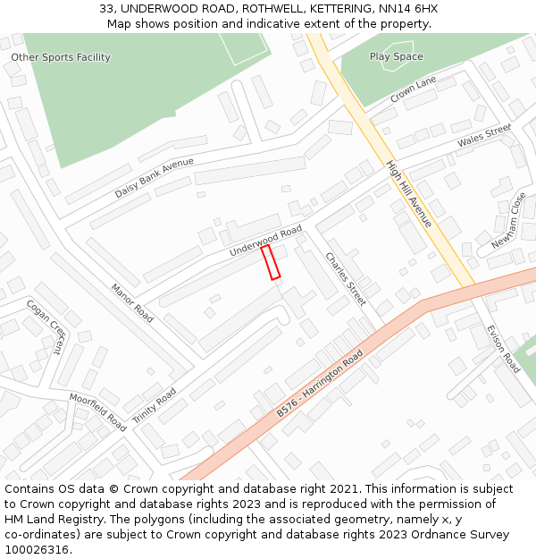 33, UNDERWOOD ROAD, ROTHWELL, KETTERING, NN14 6HX: Location map and indicative extent of plot