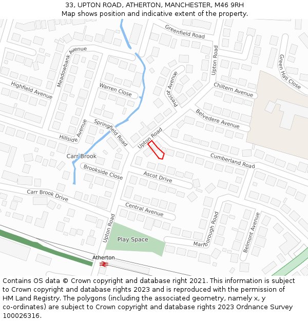 33, UPTON ROAD, ATHERTON, MANCHESTER, M46 9RH: Location map and indicative extent of plot