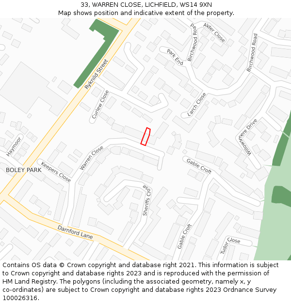 33, WARREN CLOSE, LICHFIELD, WS14 9XN: Location map and indicative extent of plot