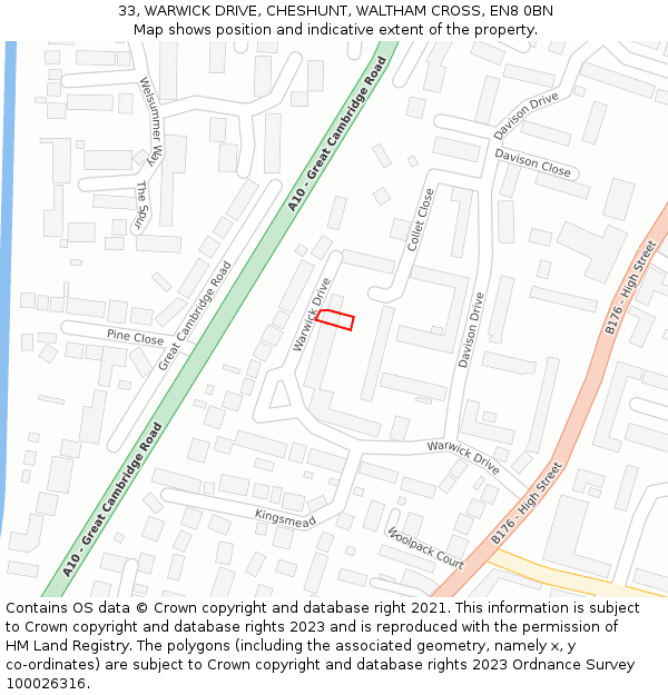 33, WARWICK DRIVE, CHESHUNT, WALTHAM CROSS, EN8 0BN: Location map and indicative extent of plot