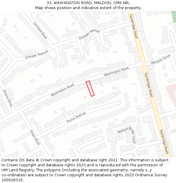 33, WASHINGTON ROAD, MALDON, CM9 6BL: Location map and indicative extent of plot