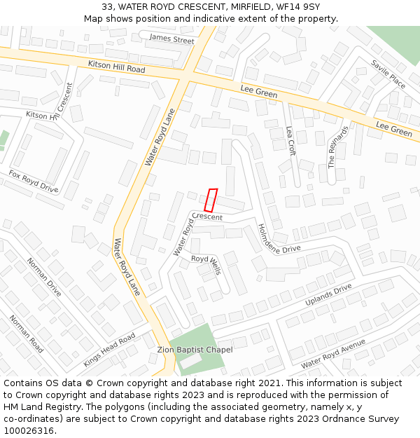 33, WATER ROYD CRESCENT, MIRFIELD, WF14 9SY: Location map and indicative extent of plot