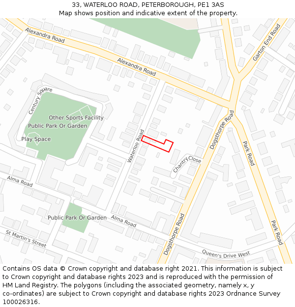 33, WATERLOO ROAD, PETERBOROUGH, PE1 3AS: Location map and indicative extent of plot