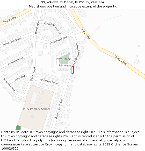 33, WAVERLEY DRIVE, BUCKLEY, CH7 3FA: Location map and indicative extent of plot