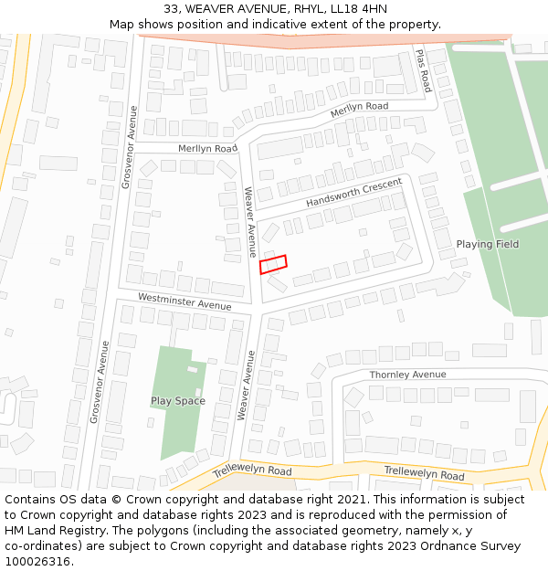 33, WEAVER AVENUE, RHYL, LL18 4HN: Location map and indicative extent of plot