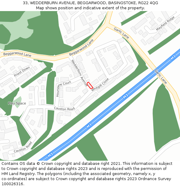 33, WEDDERBURN AVENUE, BEGGARWOOD, BASINGSTOKE, RG22 4QG: Location map and indicative extent of plot