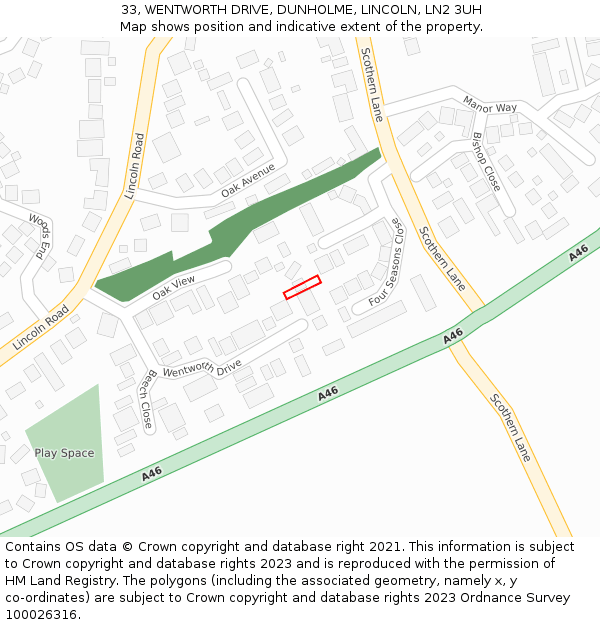 33, WENTWORTH DRIVE, DUNHOLME, LINCOLN, LN2 3UH: Location map and indicative extent of plot