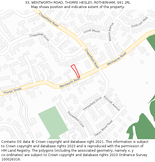 33, WENTWORTH ROAD, THORPE HESLEY, ROTHERHAM, S61 2RL: Location map and indicative extent of plot