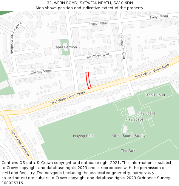 33, WERN ROAD, SKEWEN, NEATH, SA10 6DN: Location map and indicative extent of plot