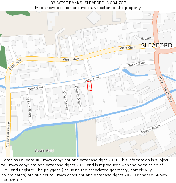 33, WEST BANKS, SLEAFORD, NG34 7QB: Location map and indicative extent of plot