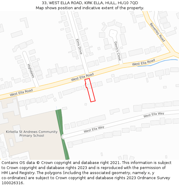 33, WEST ELLA ROAD, KIRK ELLA, HULL, HU10 7QD: Location map and indicative extent of plot