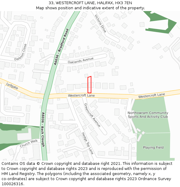 33, WESTERCROFT LANE, HALIFAX, HX3 7EN: Location map and indicative extent of plot