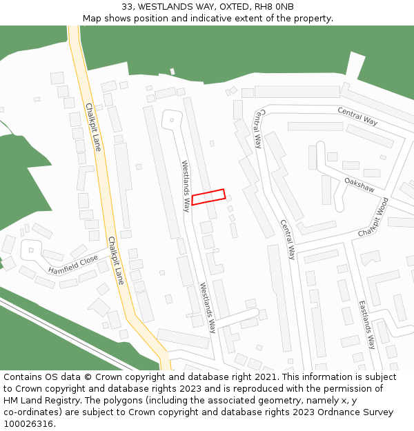 33, WESTLANDS WAY, OXTED, RH8 0NB: Location map and indicative extent of plot