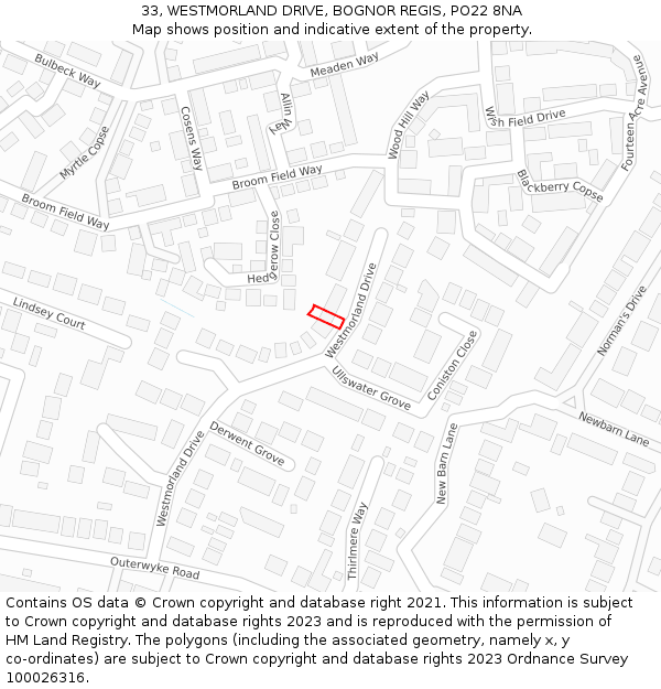 33, WESTMORLAND DRIVE, BOGNOR REGIS, PO22 8NA: Location map and indicative extent of plot