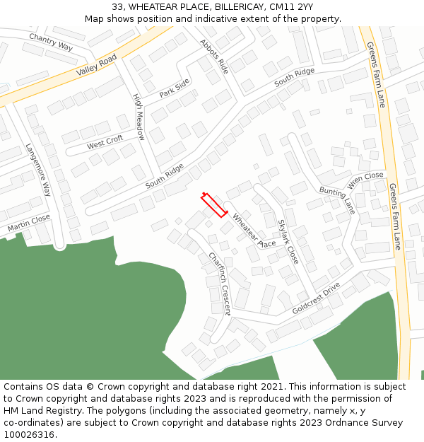 33, WHEATEAR PLACE, BILLERICAY, CM11 2YY: Location map and indicative extent of plot