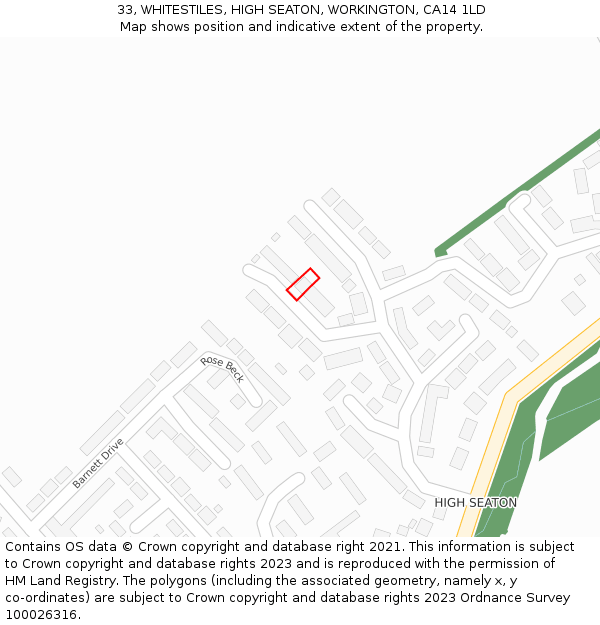 33, WHITESTILES, HIGH SEATON, WORKINGTON, CA14 1LD: Location map and indicative extent of plot