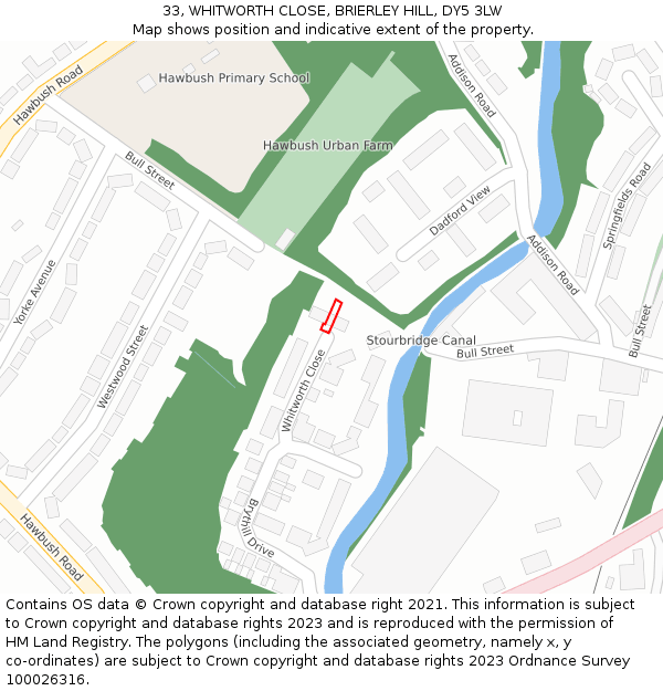 33, WHITWORTH CLOSE, BRIERLEY HILL, DY5 3LW: Location map and indicative extent of plot