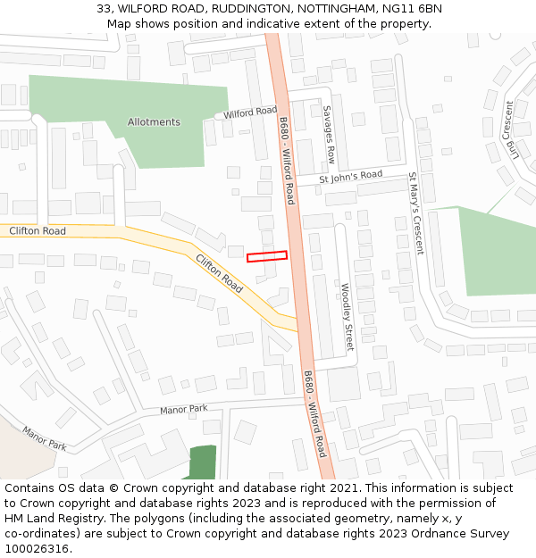 33, WILFORD ROAD, RUDDINGTON, NOTTINGHAM, NG11 6BN: Location map and indicative extent of plot