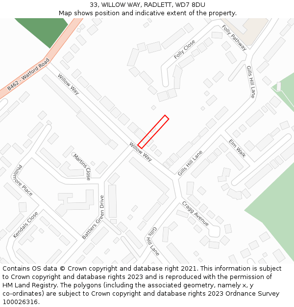 33, WILLOW WAY, RADLETT, WD7 8DU: Location map and indicative extent of plot