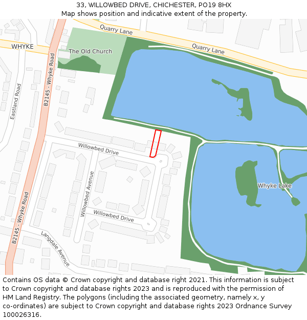 33, WILLOWBED DRIVE, CHICHESTER, PO19 8HX: Location map and indicative extent of plot