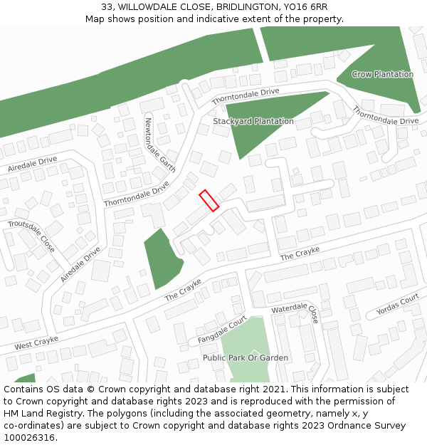 33, WILLOWDALE CLOSE, BRIDLINGTON, YO16 6RR: Location map and indicative extent of plot