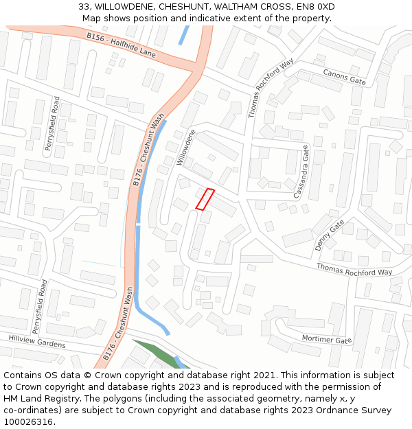 33, WILLOWDENE, CHESHUNT, WALTHAM CROSS, EN8 0XD: Location map and indicative extent of plot