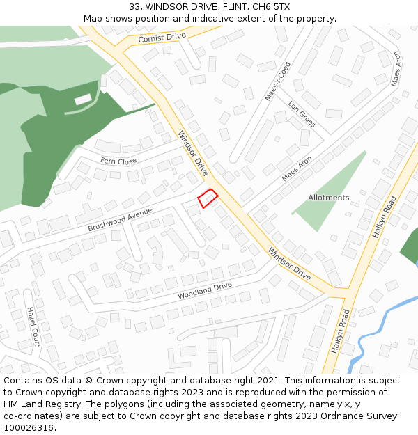 33, WINDSOR DRIVE, FLINT, CH6 5TX: Location map and indicative extent of plot