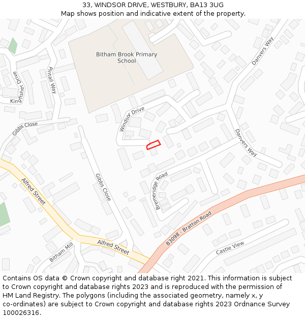 33, WINDSOR DRIVE, WESTBURY, BA13 3UG: Location map and indicative extent of plot