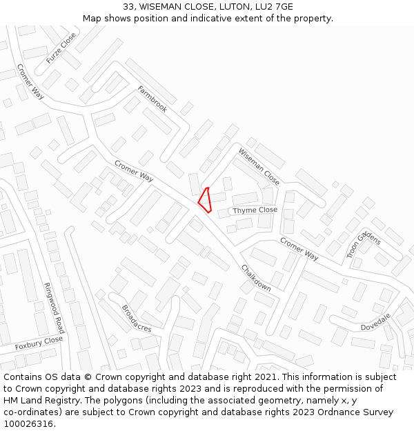 33, WISEMAN CLOSE, LUTON, LU2 7GE: Location map and indicative extent of plot