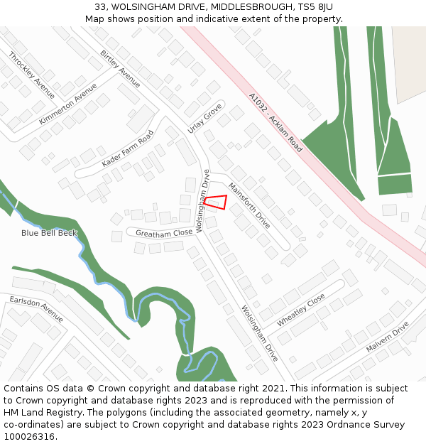 33, WOLSINGHAM DRIVE, MIDDLESBROUGH, TS5 8JU: Location map and indicative extent of plot